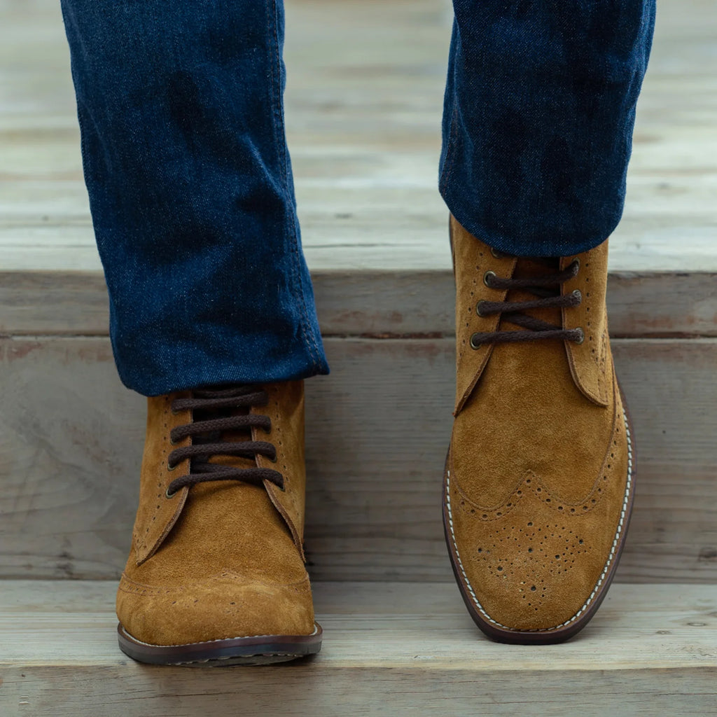 Duster Brogues Derby Brown Suede Leather Boots - StudGuard