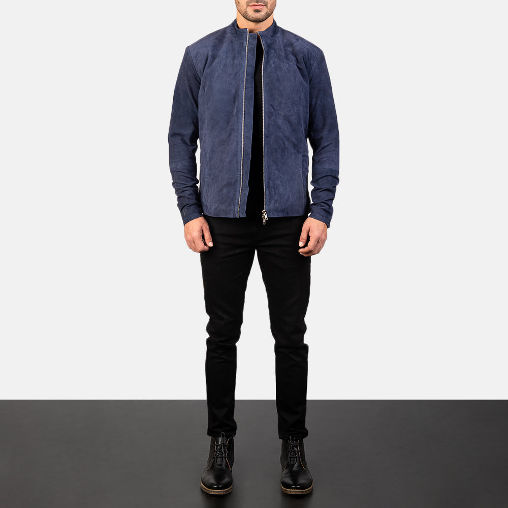 Charcoal Navy Blue Suede Biker Jacket