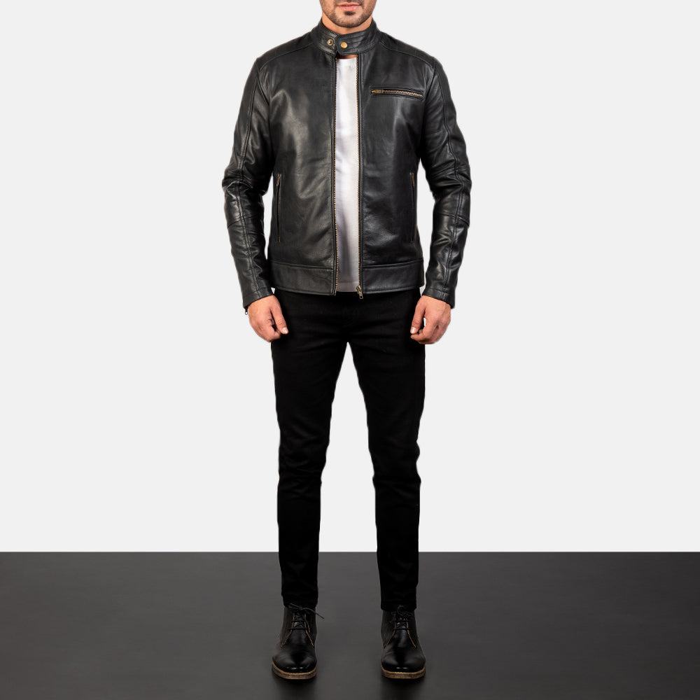 Dean Black Leather Biker Jacket - detail view