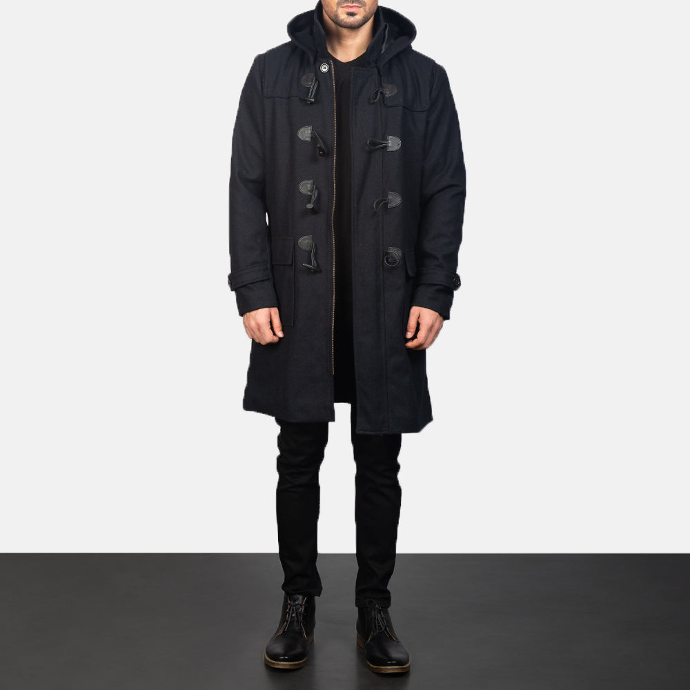 Drake Black Wool Hooded Duffle Coat - detail view