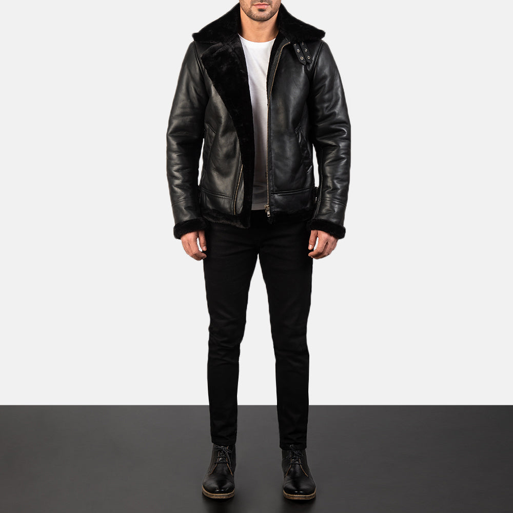 Francis B-3 Black Leather Bomber Jacket - detail view