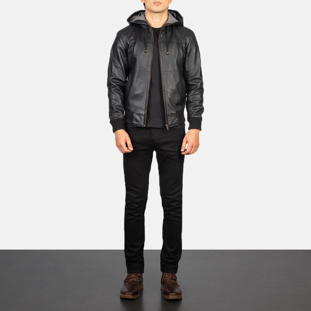 Nintenzo Black Hooded Leather Bomber Jacket - detail view