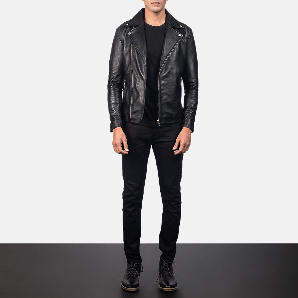 Noah Black Leather Biker Jacket - detail view