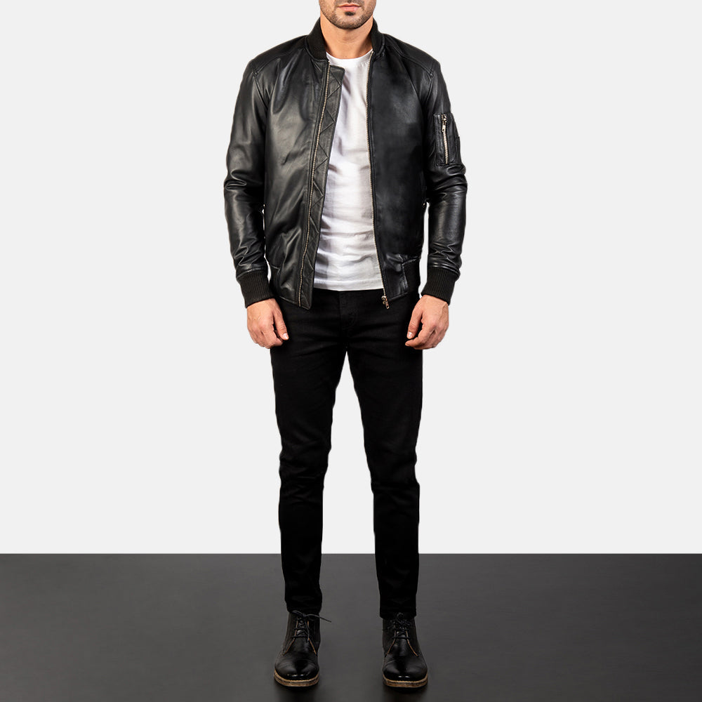 Bomia Ma-1 Black Leather Bomber Jacket - detail view
