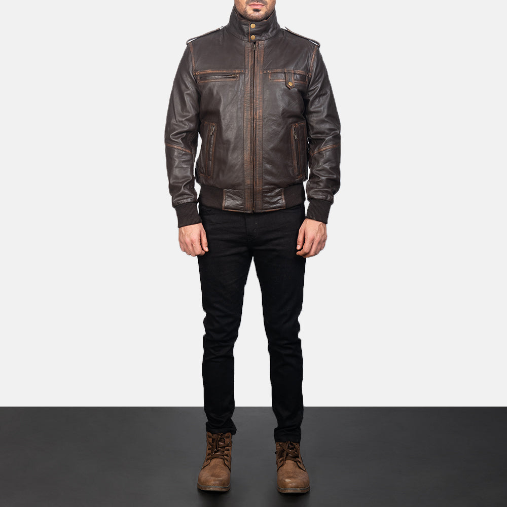 Glen Street Brown Leather Bomber Jacket - detail view