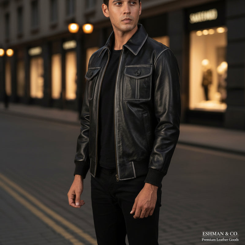 Aaron Black Leather Bomber Jacket