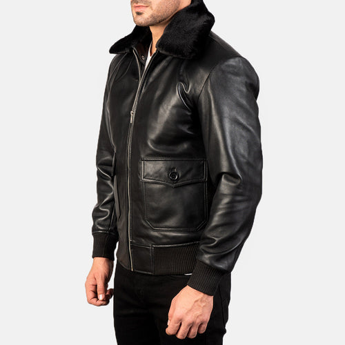 Airin G-1 Black Leather Bomber Jacket - detail view