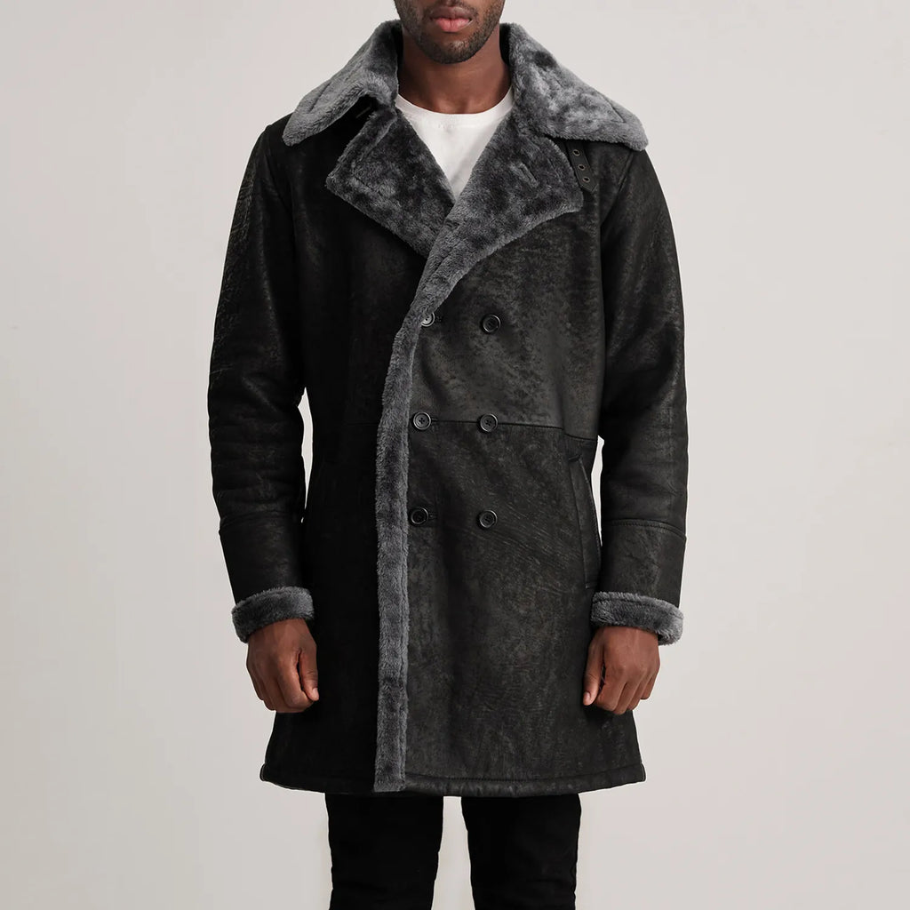 Charles Distressed Black Leather Shearling Double-Breasted Coat - detail view