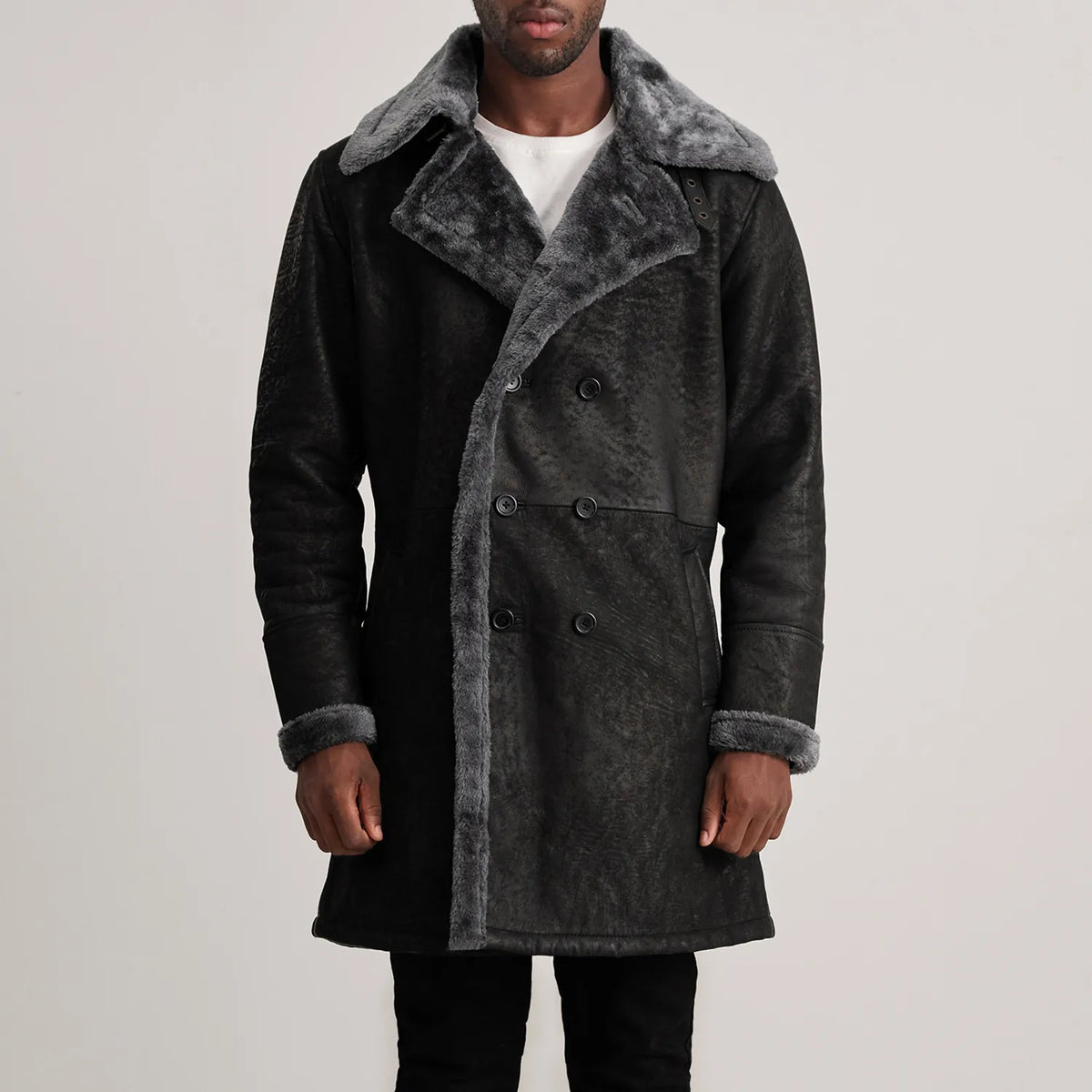 Charles Distressed Black Leather Shearling Double-Breasted Coat - detail view
