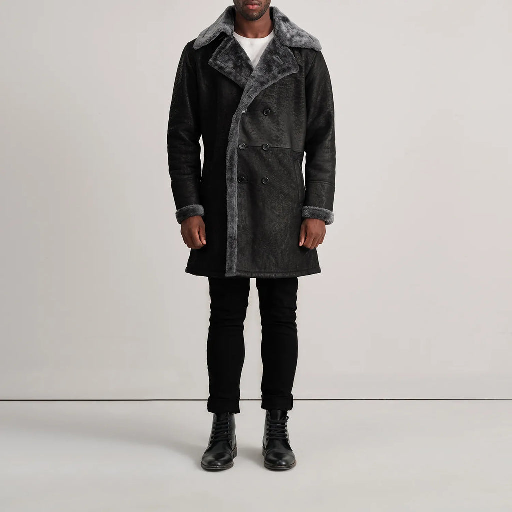 Charles Distressed Black Leather Shearling Double-Breasted Coat - detail view