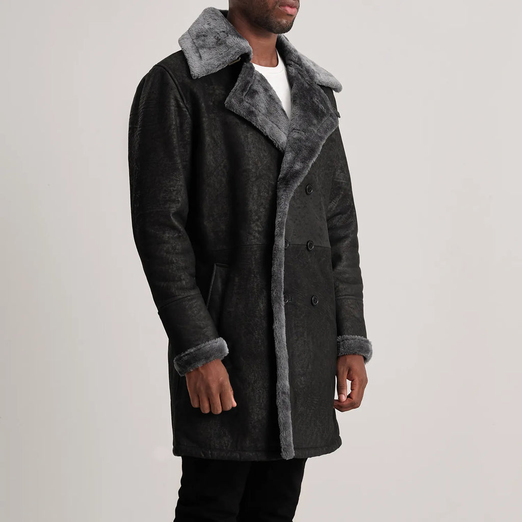 Charles Distressed Black Leather Shearling Double-Breasted Coat - detail view