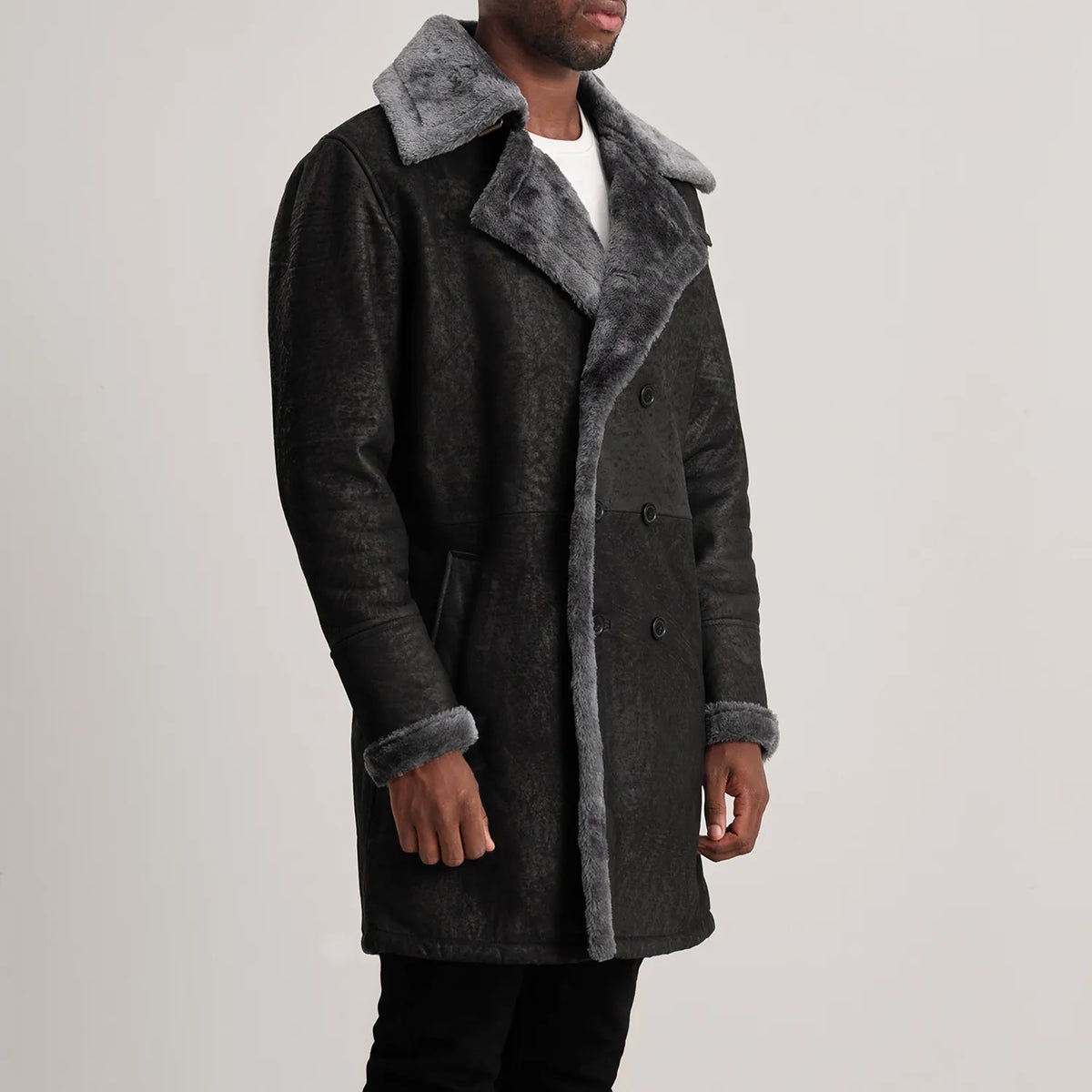 Charles Distressed Black Leather Shearling Double-Breasted Coat - detail view