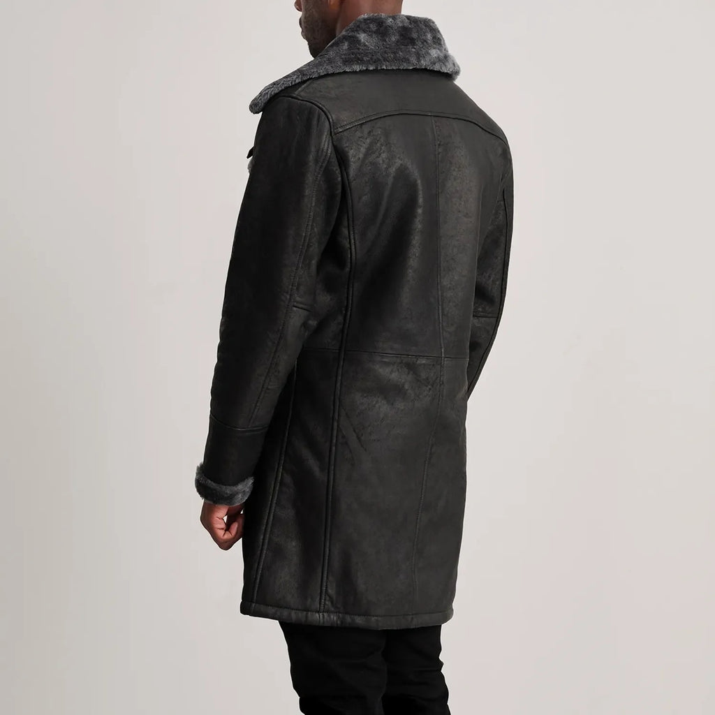 Charles Distressed Black Leather Shearling Double-Breasted Coat - detail view