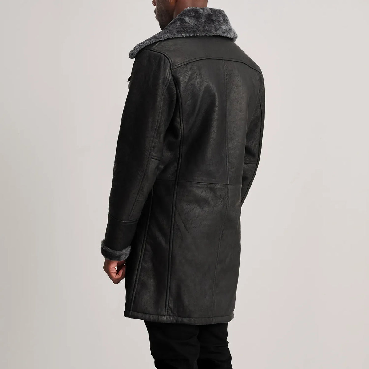 Charles Distressed Black Leather Shearling Double-Breasted Coat - detail view