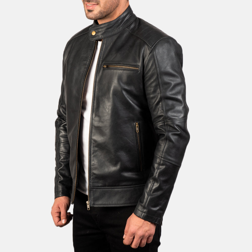 Dean Black Leather Biker Jacket - detail view