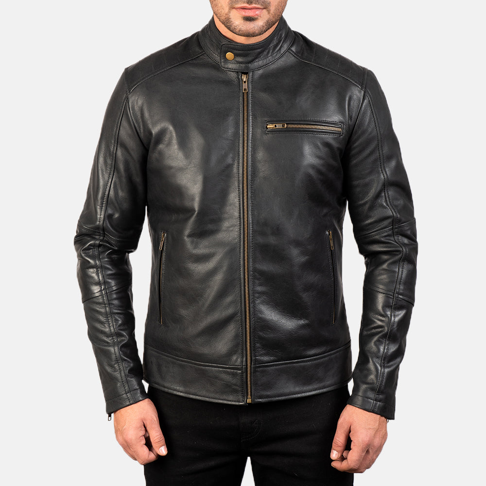 Dean Black Leather Biker Jacket - detail view