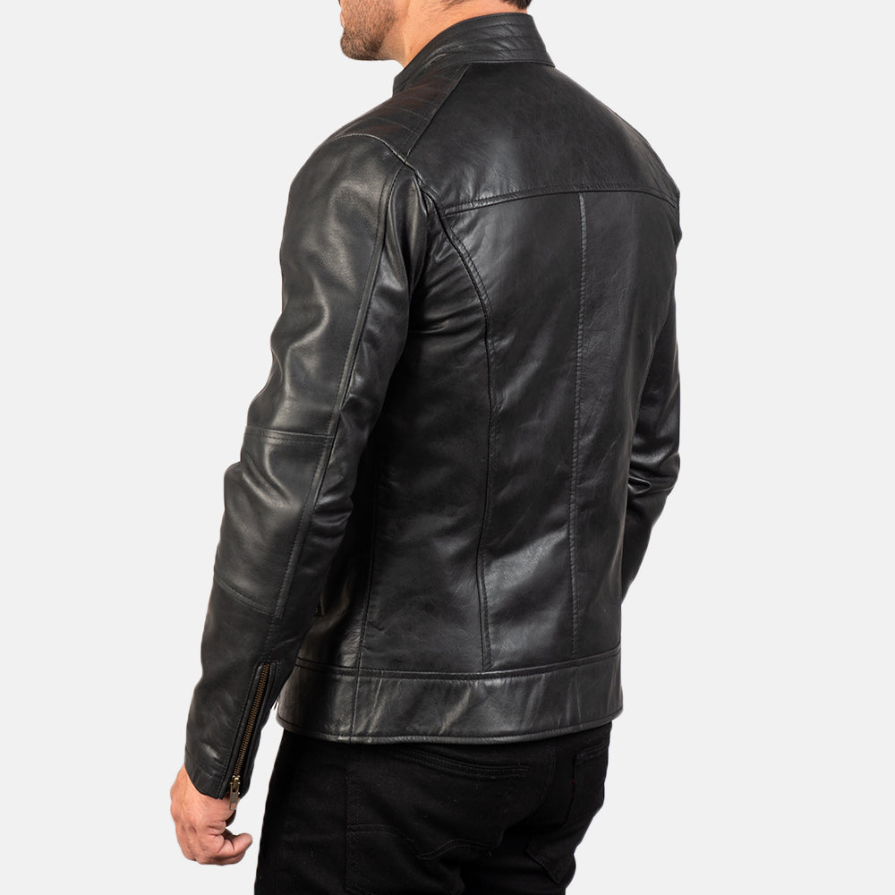 Dean Black Leather Biker Jacket - detail view