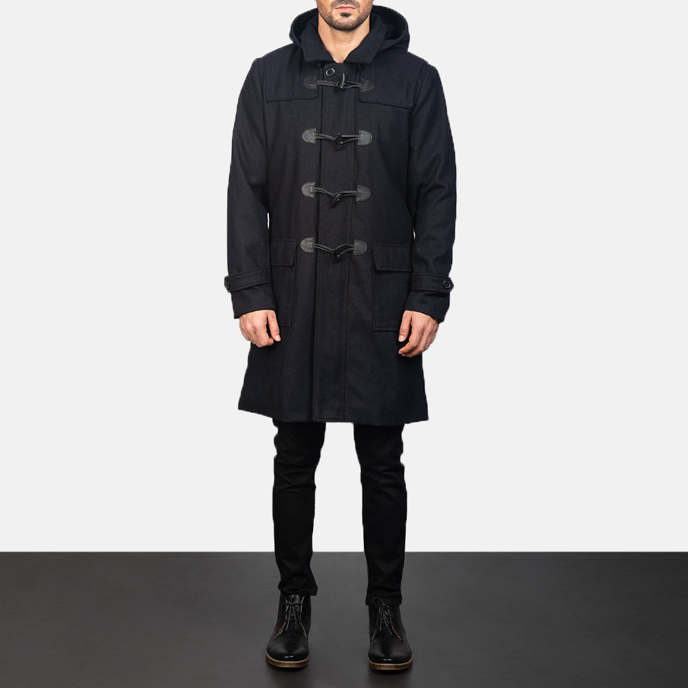 Drake Black Wool Hooded Duffle Coat - detail view