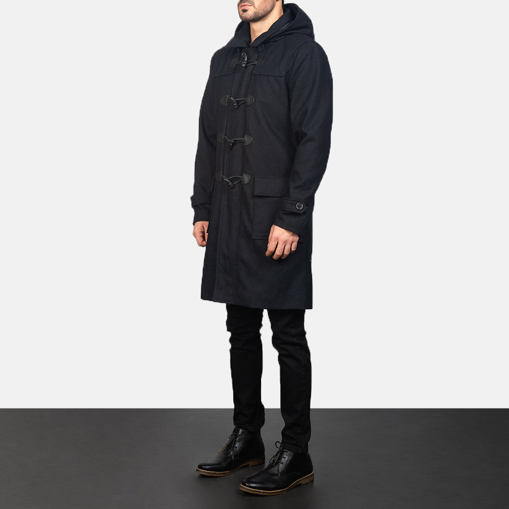 Drake Black Wool Hooded Duffle Coat - detail view