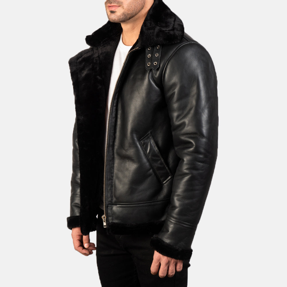 Francis B-3 Black Leather Bomber Jacket - detail view