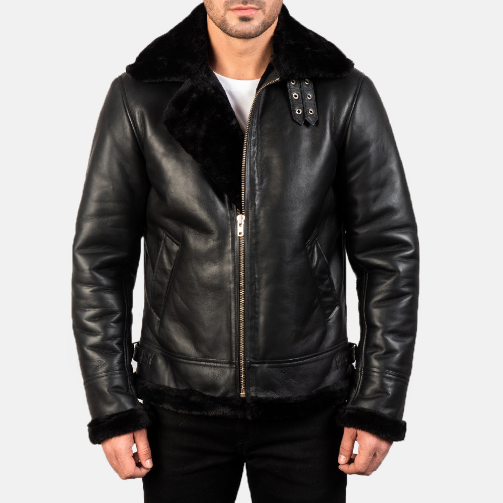 Francis B-3 Black Leather Bomber Jacket - detail view