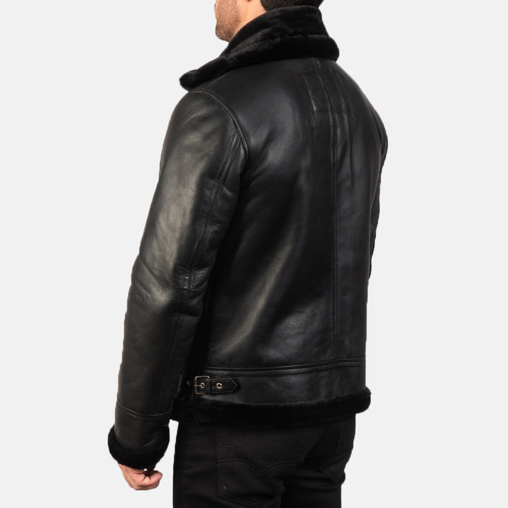 Francis B-3 Black Leather Bomber Jacket - detail view