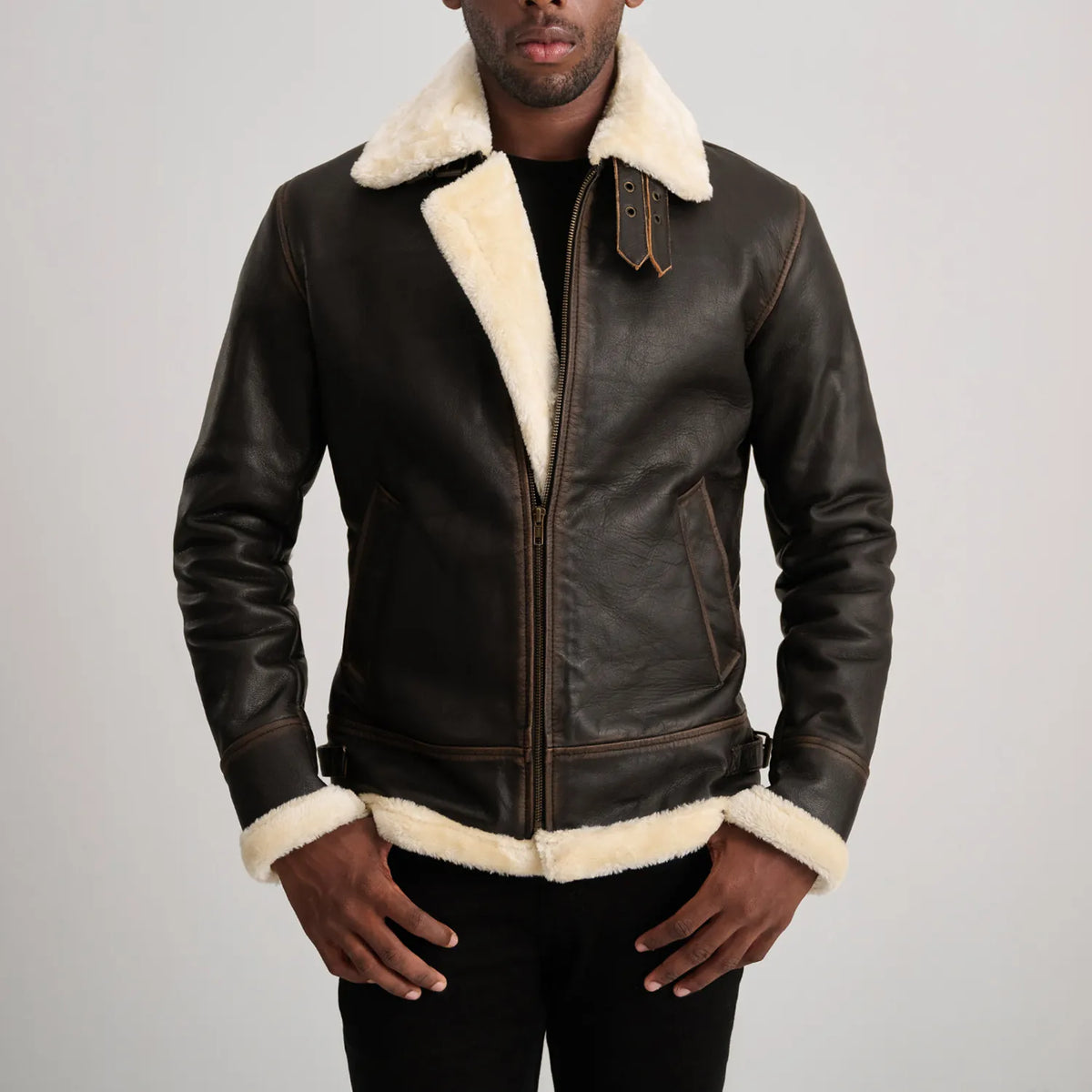 Francis B-3 Brown & Cream Leather Bomber Jacket - detail view