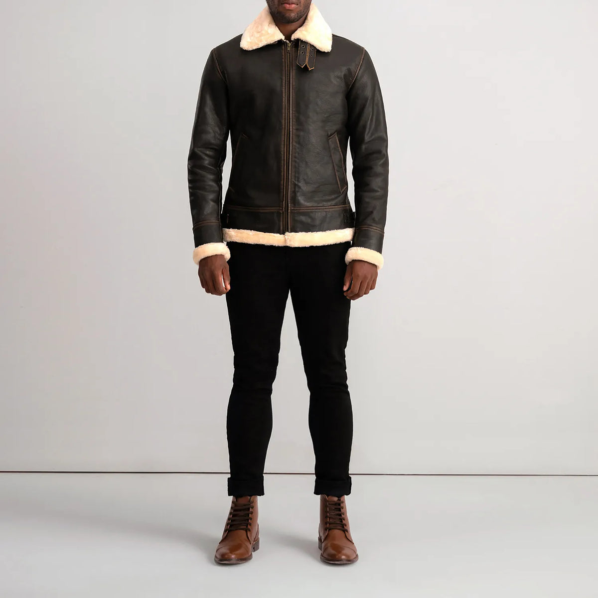 Francis B-3 Brown & Cream Leather Bomber Jacket - detail view