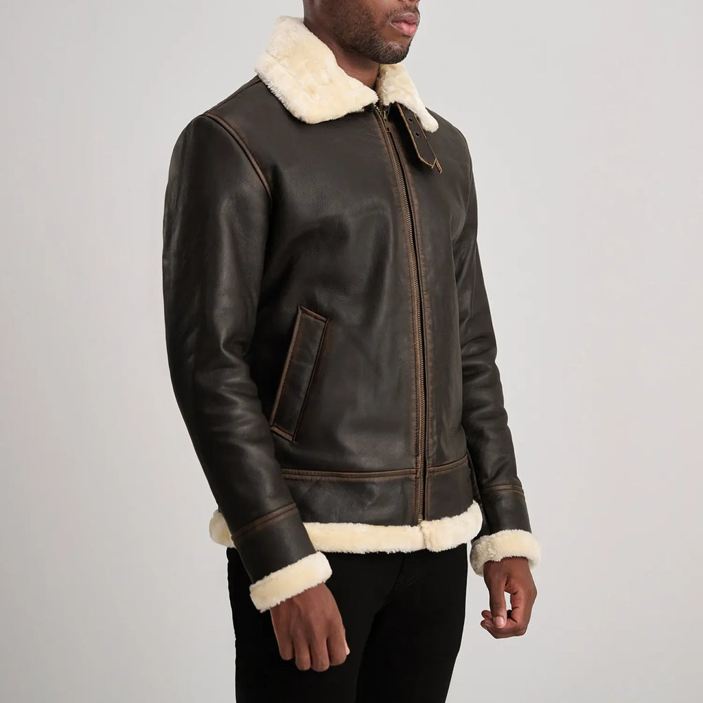 Francis B-3 Brown & Cream Leather Bomber Jacket - detail view