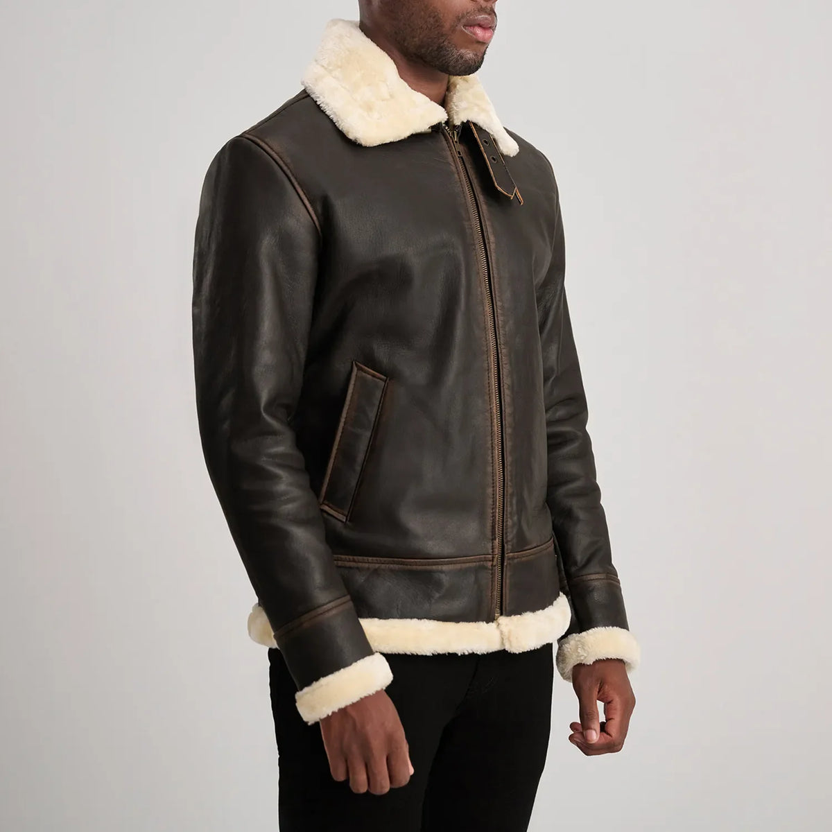Francis B-3 Brown & Cream Leather Bomber Jacket - detail view