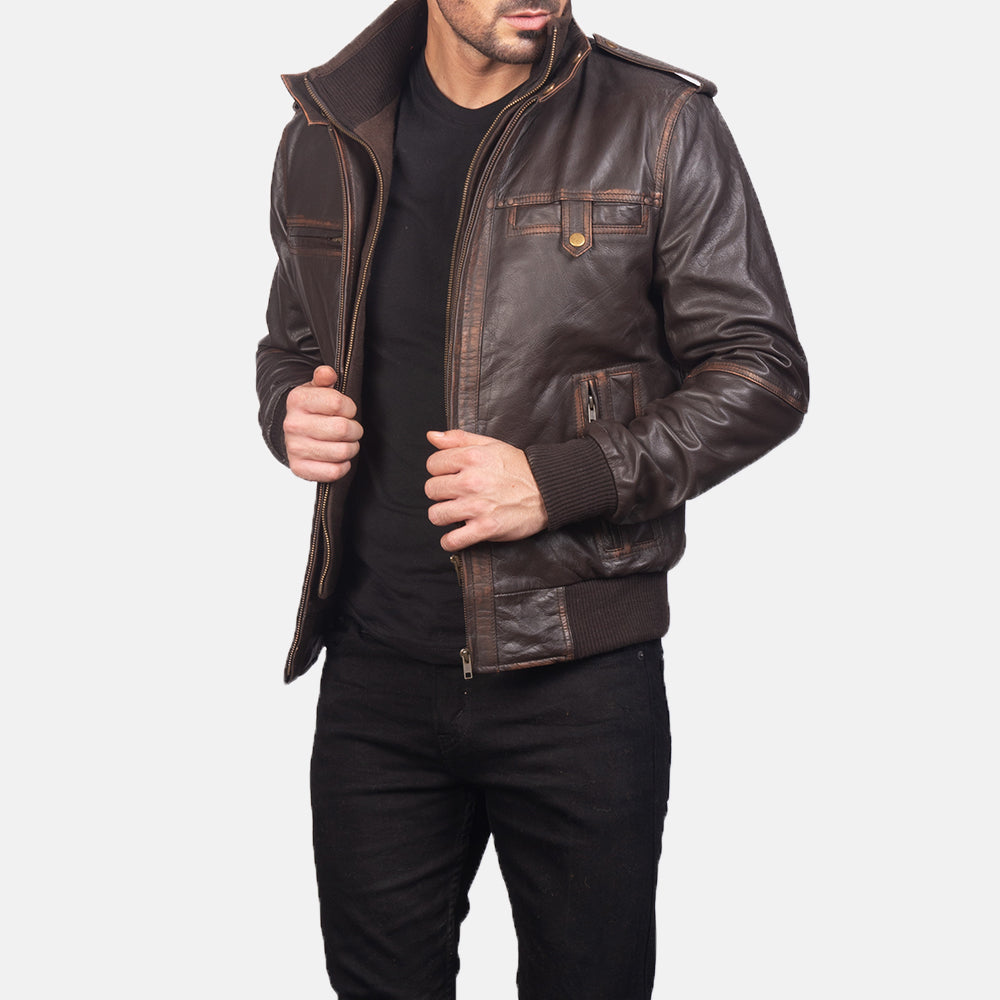 Glen Street Brown Leather Bomber Jacket - detail view