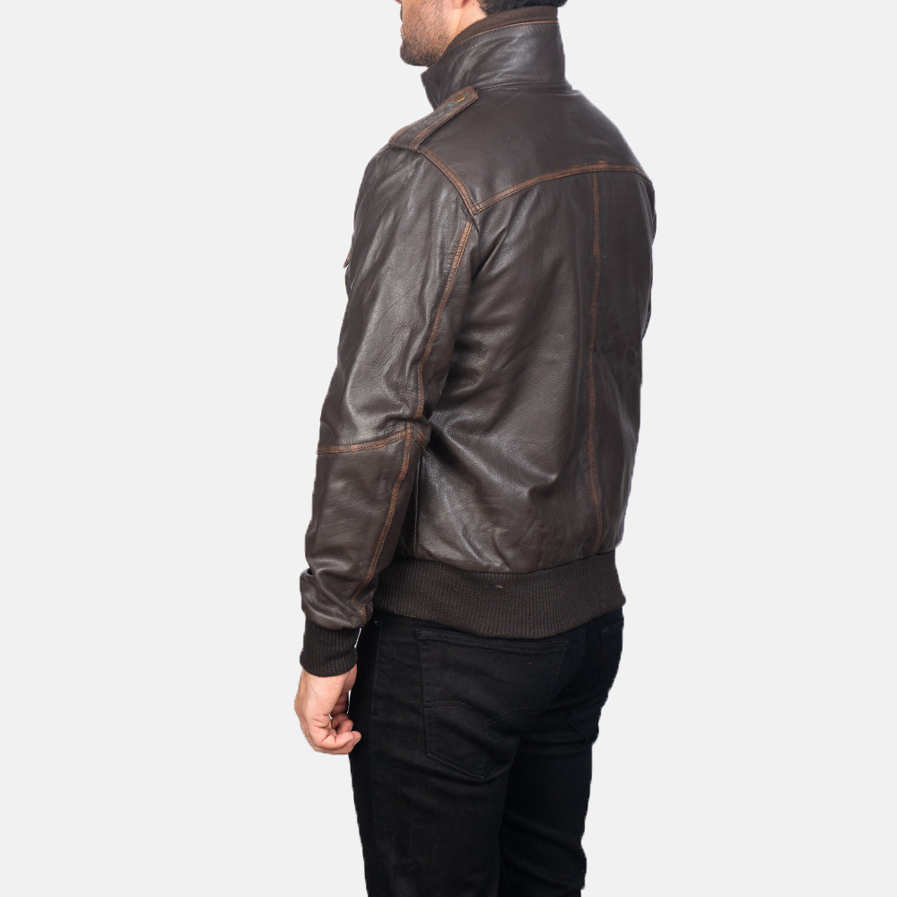 Glen Street Brown Leather Bomber Jacket - detail view