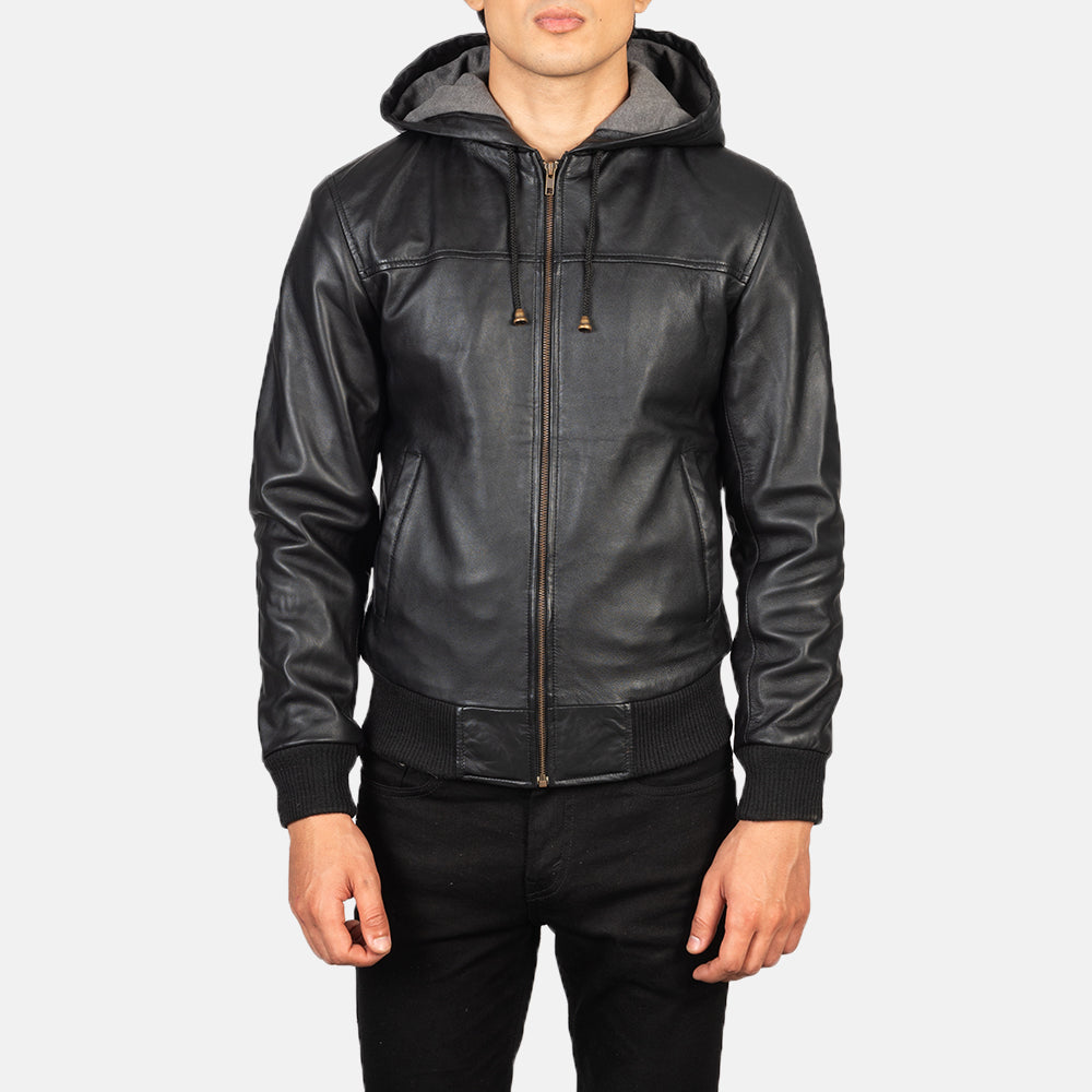 Nintenzo Black Hooded Leather Bomber Jacket - detail view