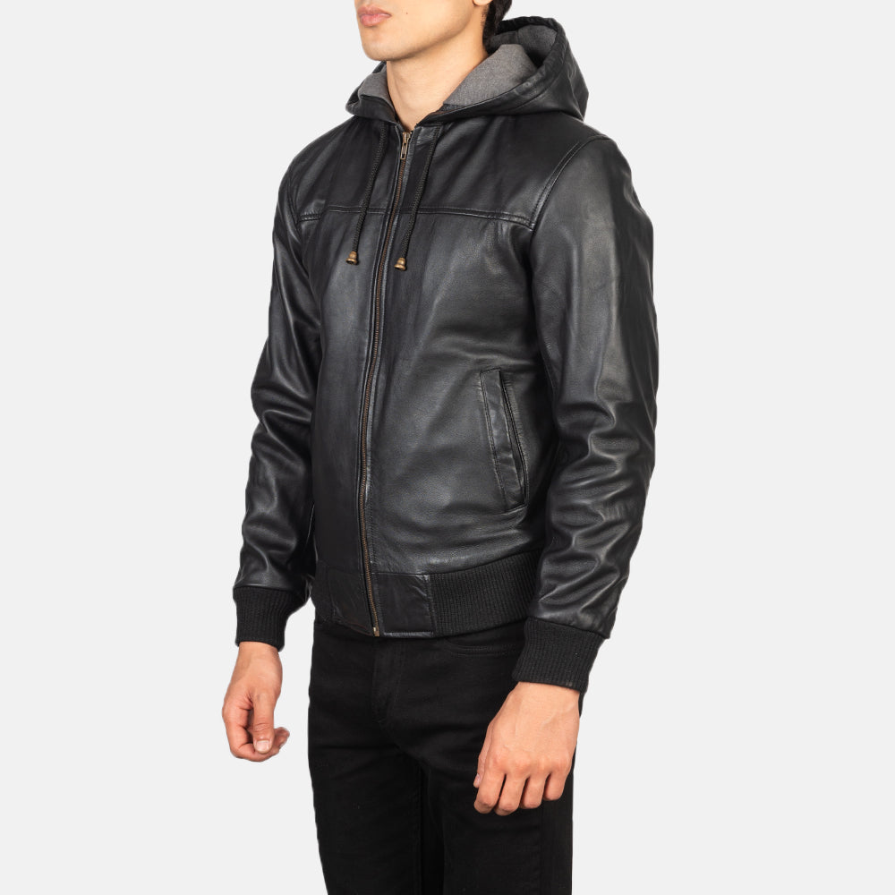 Nintenzo Black Hooded Leather Bomber Jacket - detail view