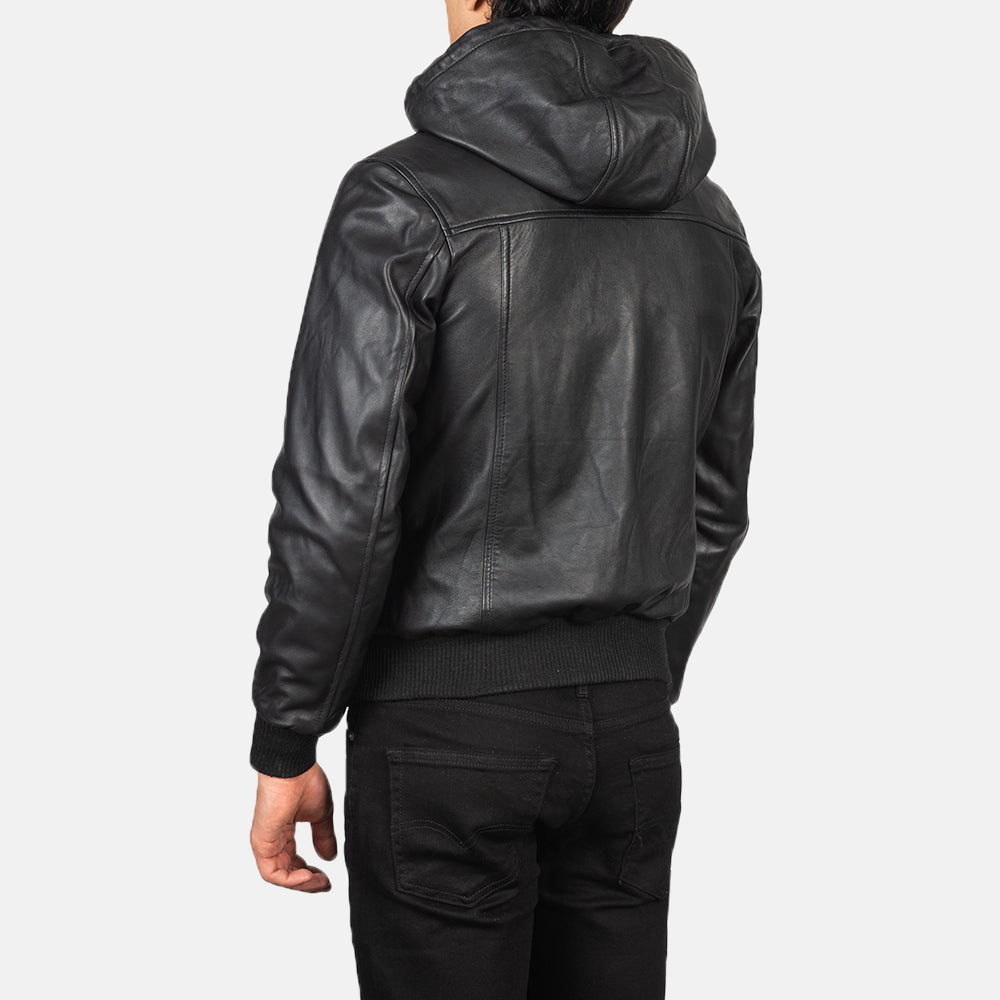 Nintenzo Black Hooded Leather Bomber Jacket - detail view
