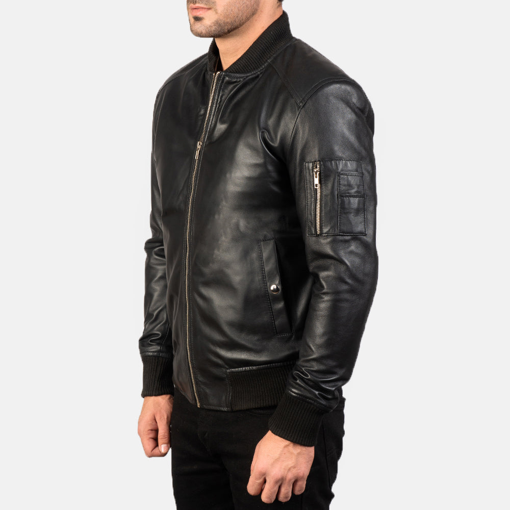 Bomia Ma-1 Black Leather Bomber Jacket - detail view