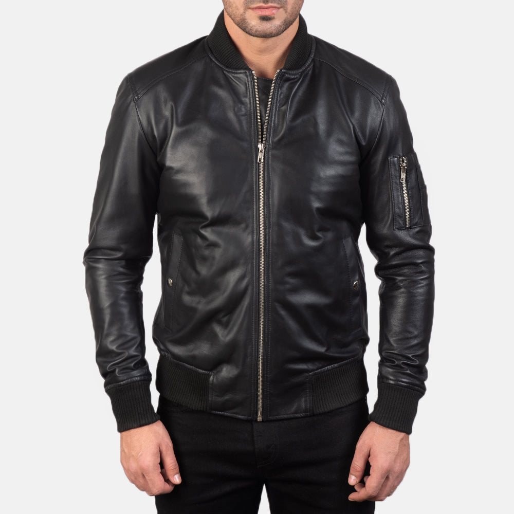 Bomia Ma-1 Black Leather Bomber Jacket - detail view
