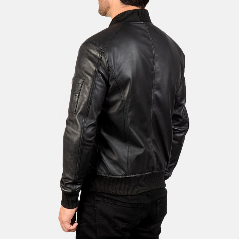 Bomia Ma-1 Black Leather Bomber Jacket - detail view