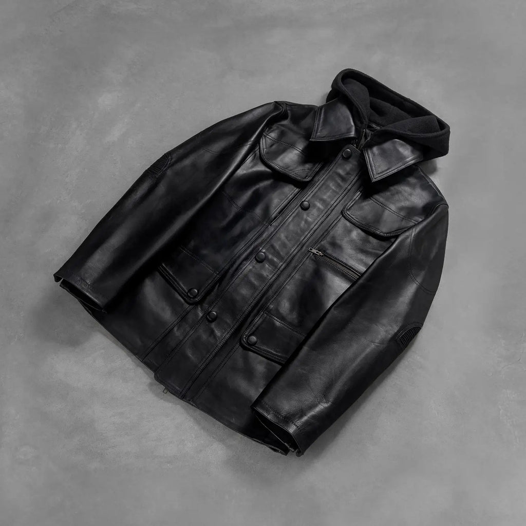 Moulder Hooded Black Leather Jacket