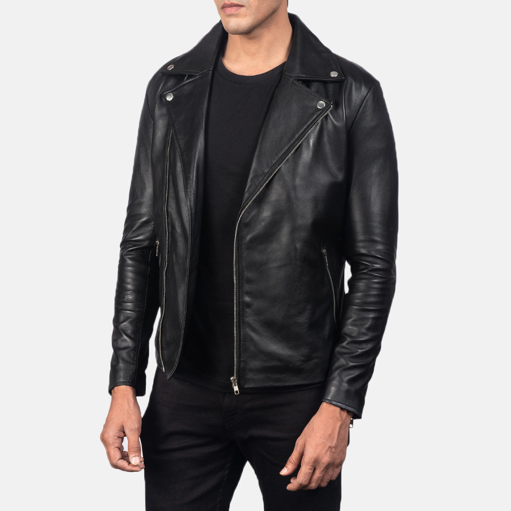 Noah Black Leather Biker Jacket - detail view