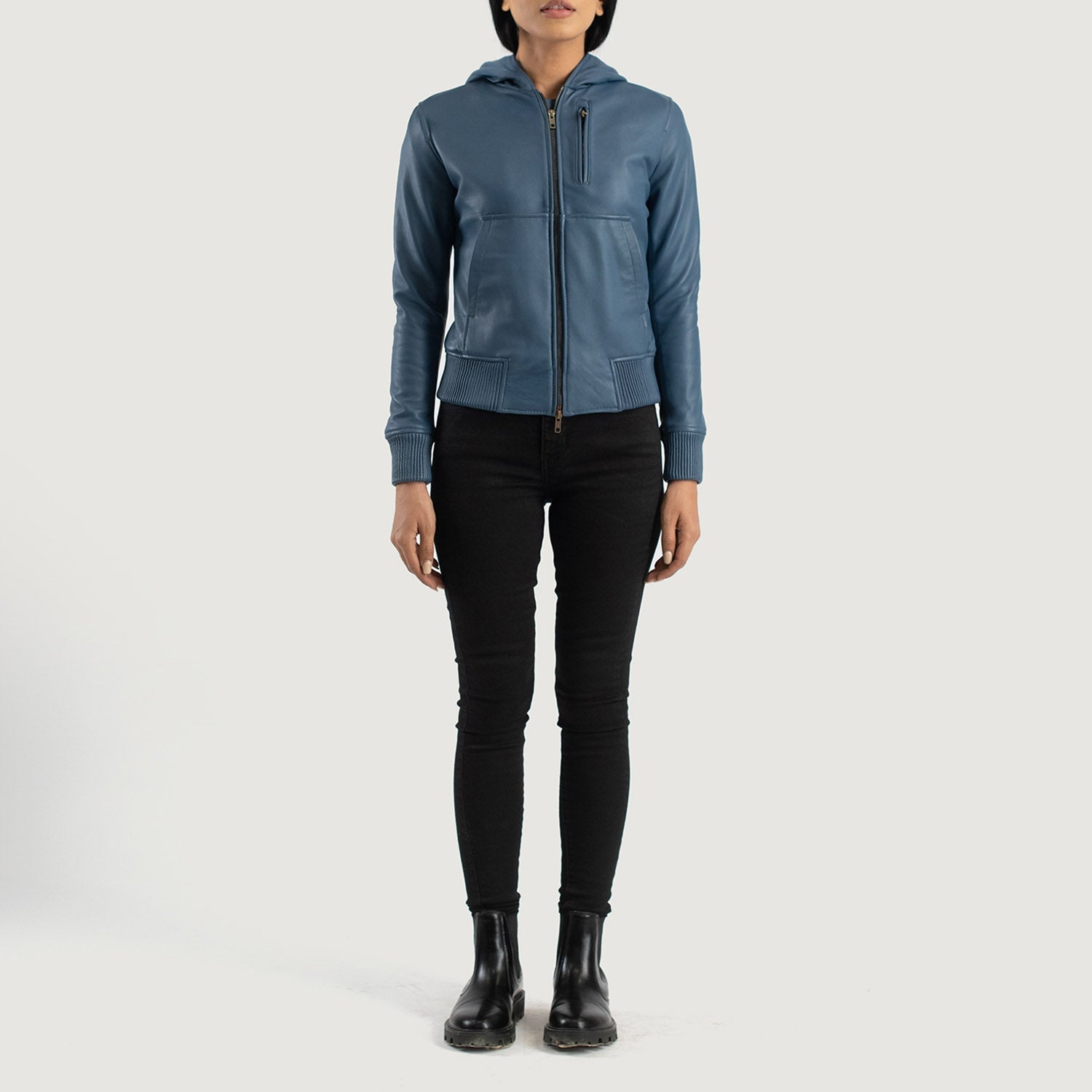 Luna Blue Hooded Leather Bomber Jacket